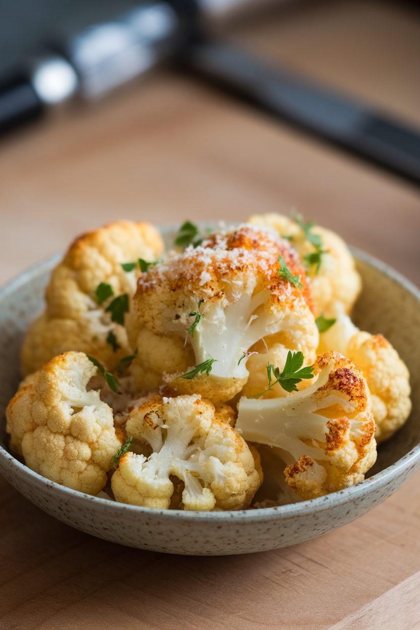 Indoor photo of a shallow bowl containing golden roasted cauliflower florets dusted with grated Parmesan and parsley. No text or logos.