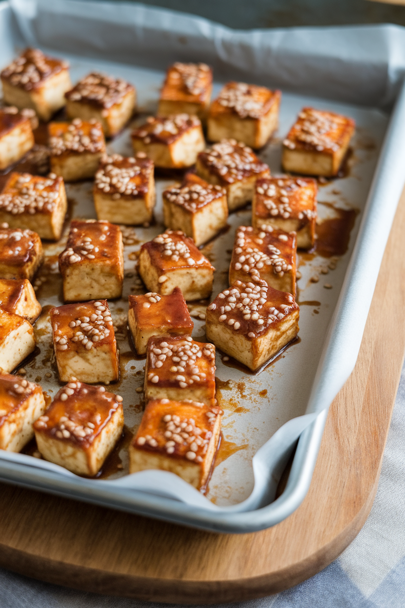 Indoor sheet pan lined with parchment paper showing cubed baked tofu glazed with sesame-ginger sauce, three-quarter view. No text or logos.