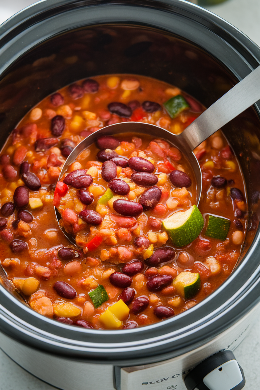 Indoor slow cooker filled with steaming turkey chili featuring kidney beans, zucchini, and bell peppers. Serving ladle resting inside. No text or logos visible. Photo only.