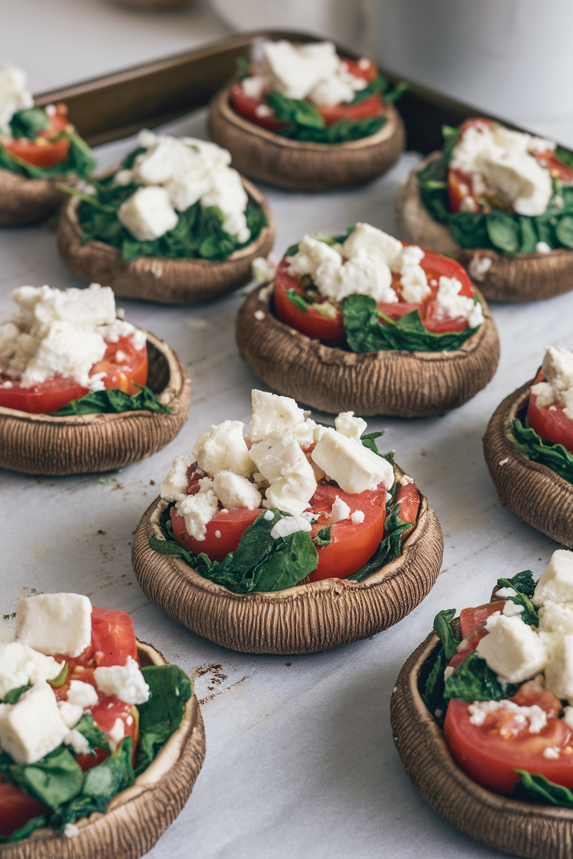 Indoor baking sheet holding large portobello caps filled with spinach, tomatoes, and feta, cheese lightly browned on top. No logos or text anywhere.