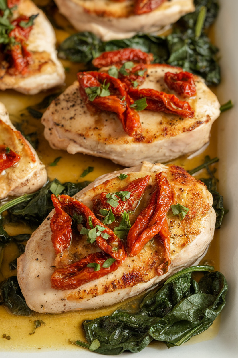 Indoor platter holding chicken breasts topped with sun-dried tomato pieces and wilted spinach in a light sauce. No text or logos present.
