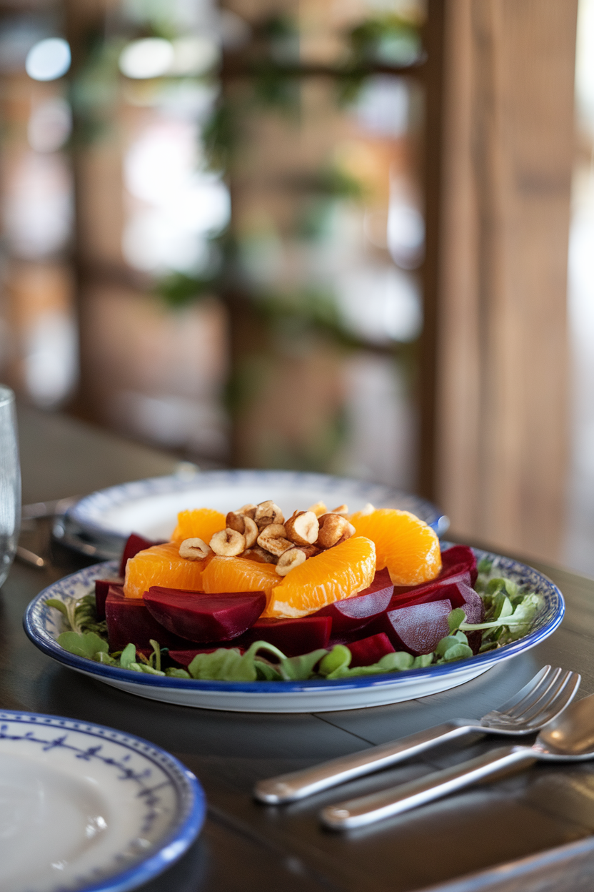 An indoor dining table showing a porcelain platter layered with sliced red beets, orange segments, and toasted hazelnuts over baby greens. No text or logos. Photo.