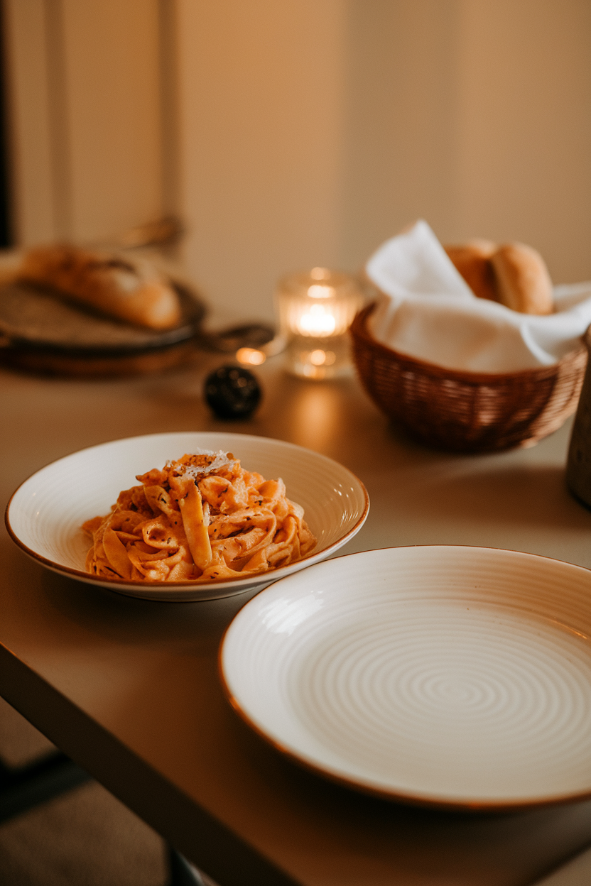 A comparison of a modest serving of pasta on an 8-inch plate next to an empty 12-inch plate, both on a dining table indoors; no text or logos; photo