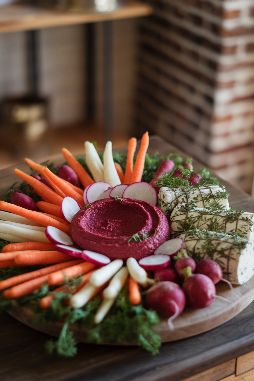 Indoor wooden table holding a vibrant board of heirloom carrot sticks, radish rounds, beet hummus, and goat cheese logs coated in herbs; no text or logos.