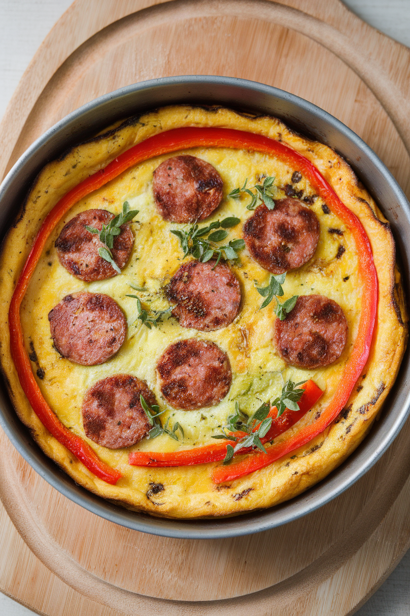 A round baking dish indoors containing a colorful frittata with sausage slices and bell pepper strips, no text or logos.