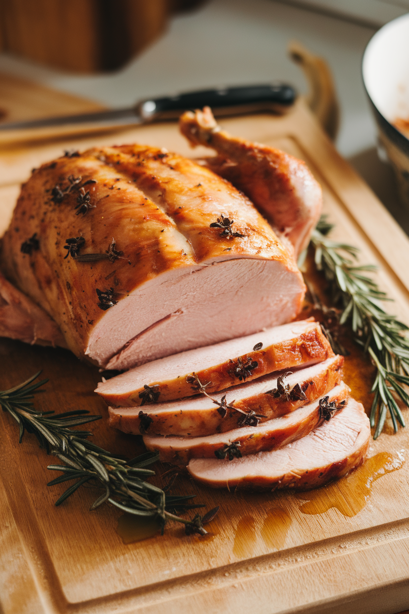 A carving board indoors with sliced turkey breast drizzled with pan juices, sprigs of rosemary and thyme scattered around. Photo, no text or logos.