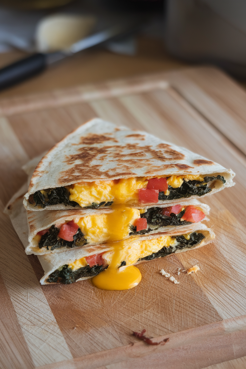 Indoor cutting board photo of a whole-wheat quesadilla wedge oozing scrambled egg, kale, and diced tomato. No text or logos.