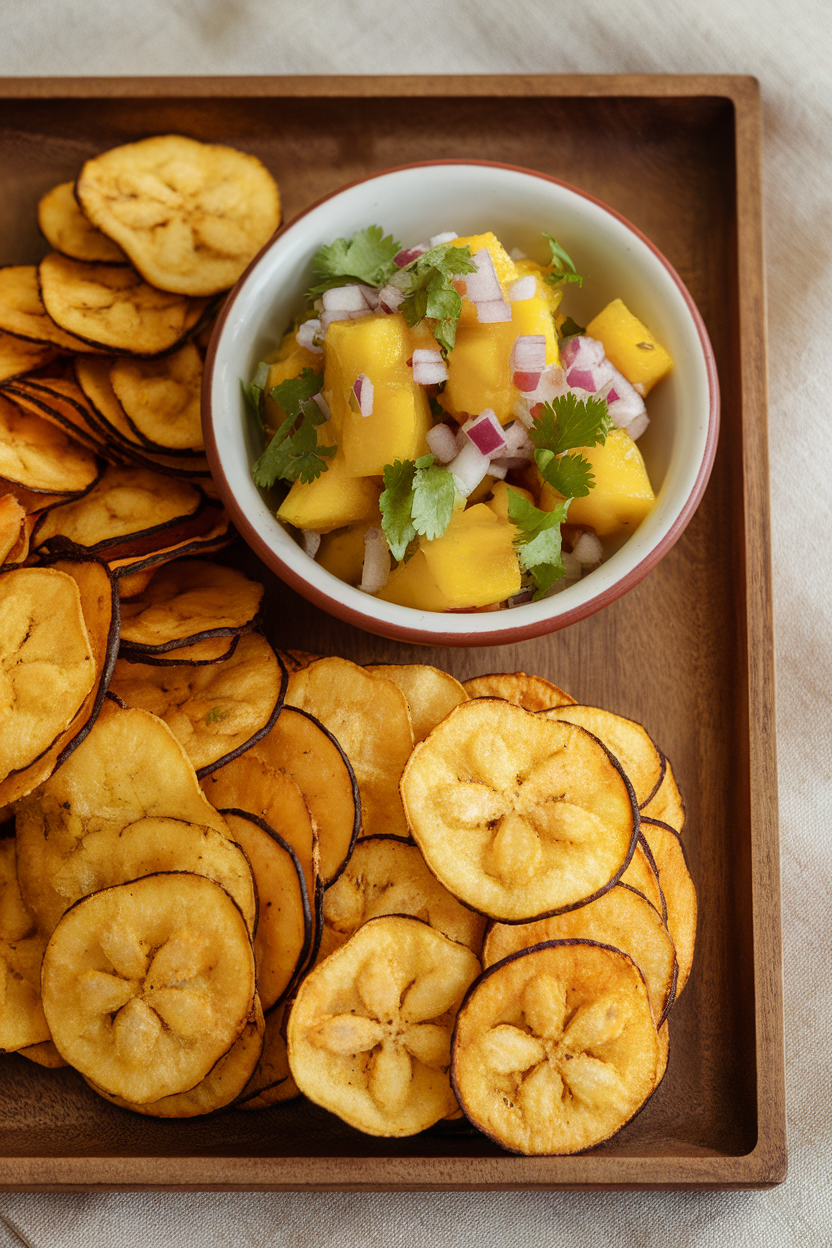 A wooden indoor tray with a bowl of chunky mango salsa beside a pile of golden baked plantain chips—photo, no text or logos.