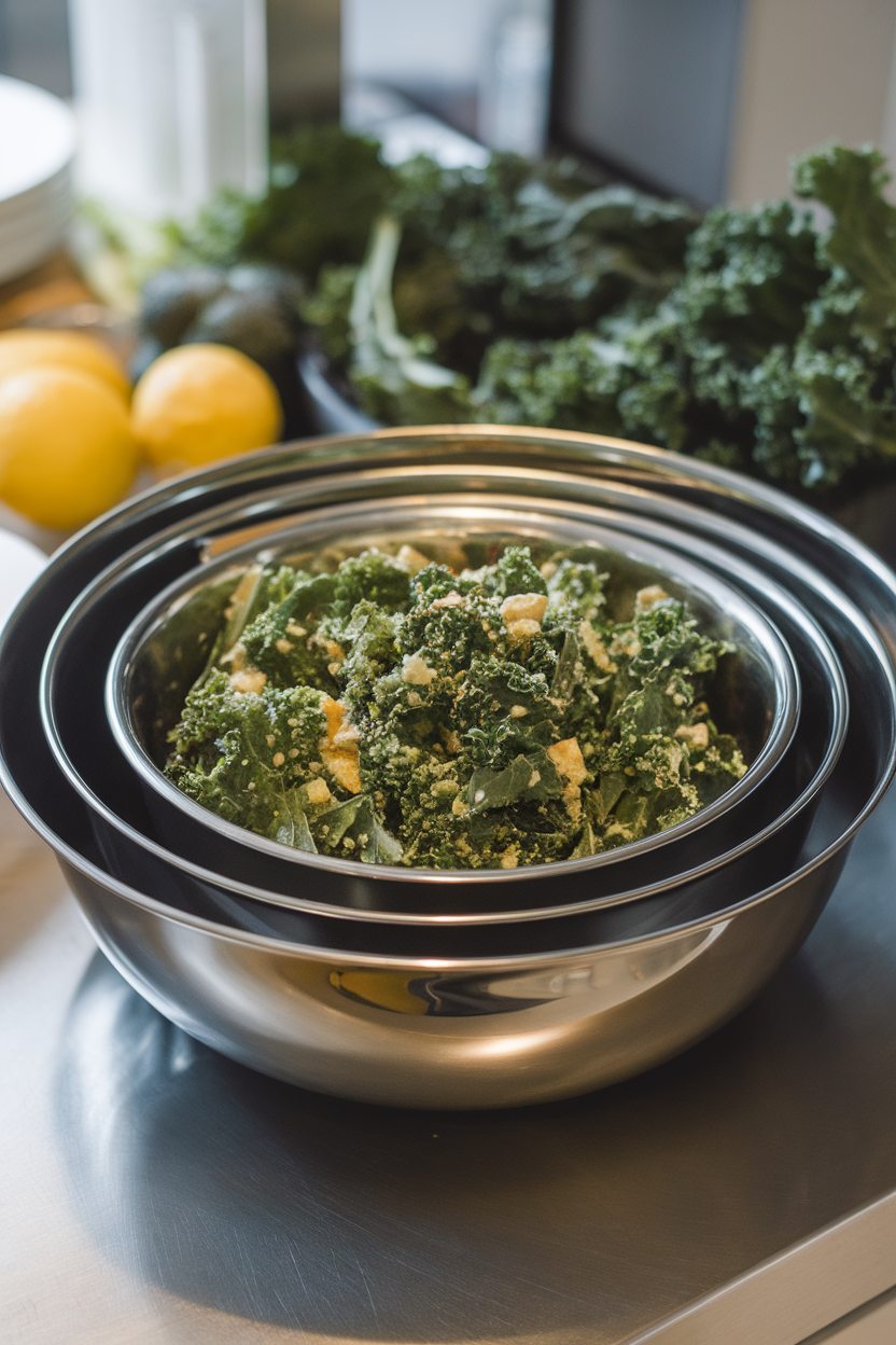 Indoor counter with nested stainless bowls, one holding tossed kale salad, no branding.