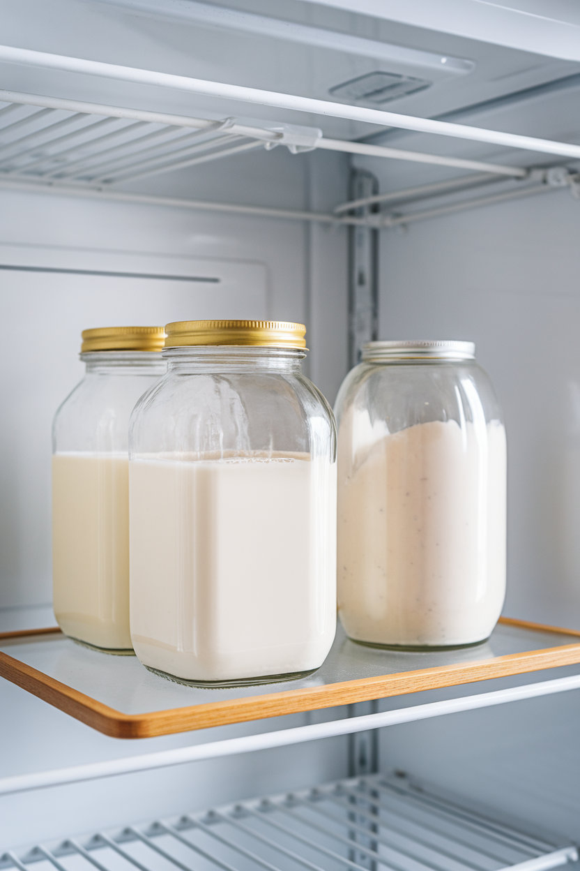 Photo of plain almond milk and plain yogurt in glass jars on an indoor refrigerator shelf. No text or logos.