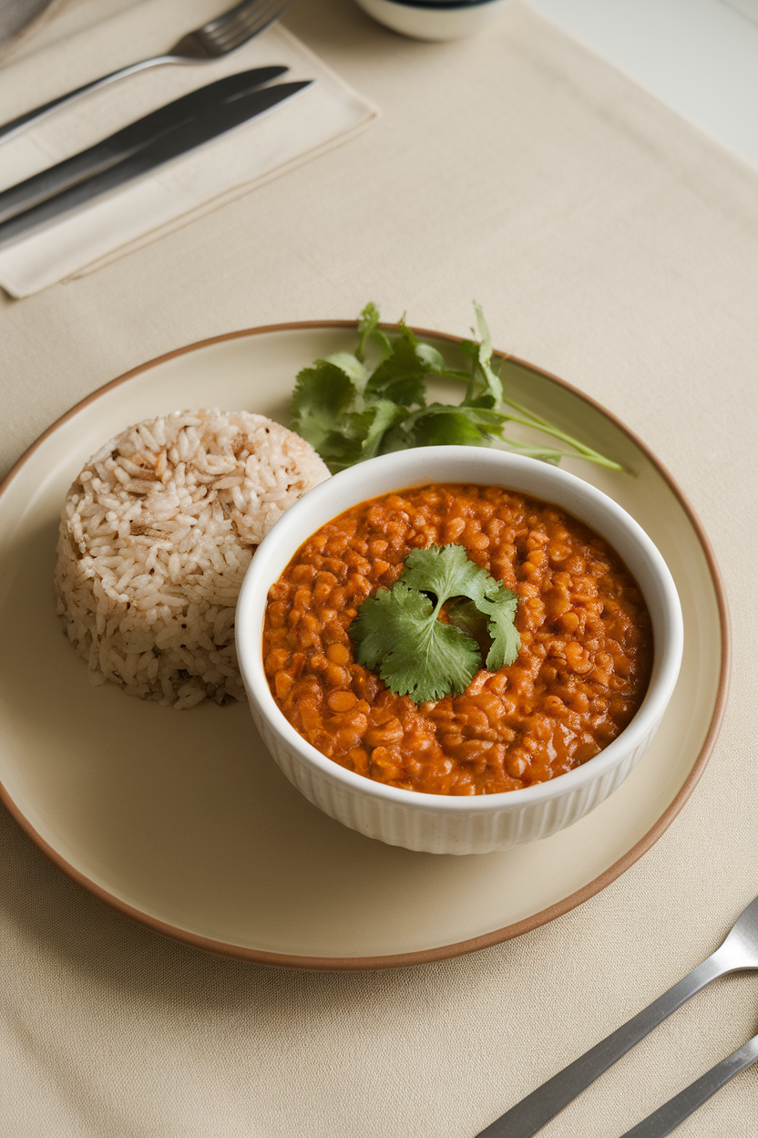 Photo of an indoor table featuring a bowl of thick red lentil daal garnished with cilantro, alongside a mound of fluffy brown rice. No text or logos present.