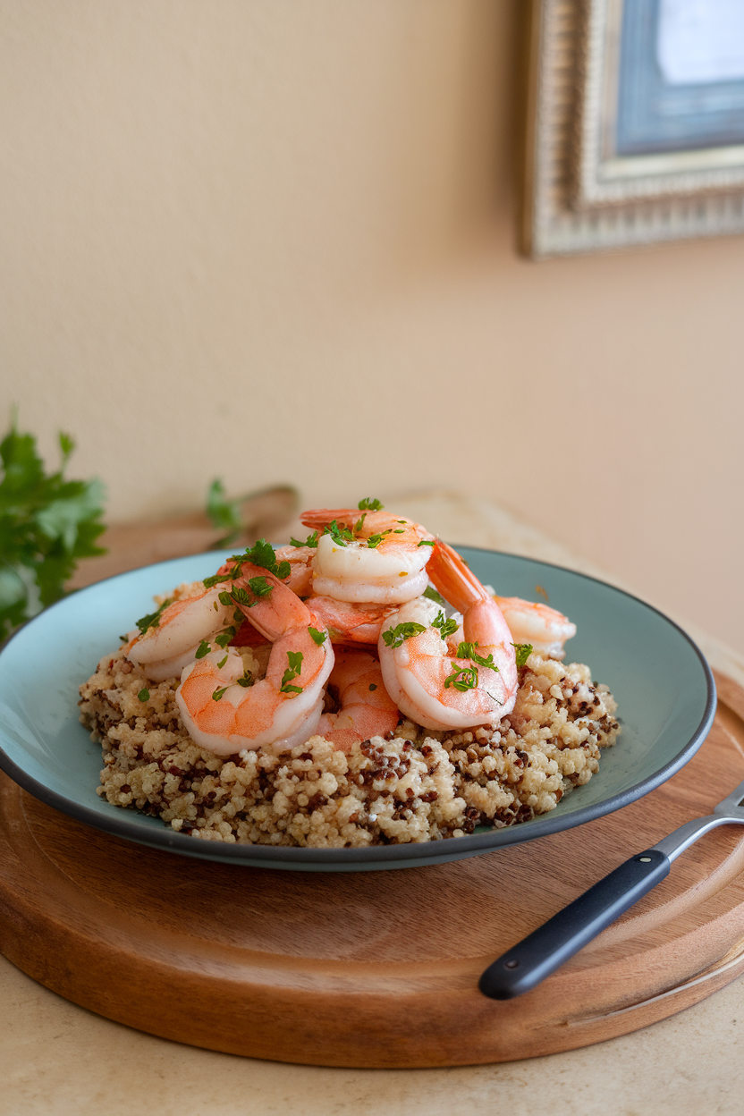 Indoor dining table featuring a plate of cooked shrimp sautéed in garlic and herbs, resting atop a bed of fluffy quinoa with chopped parsley. No text or logos present.