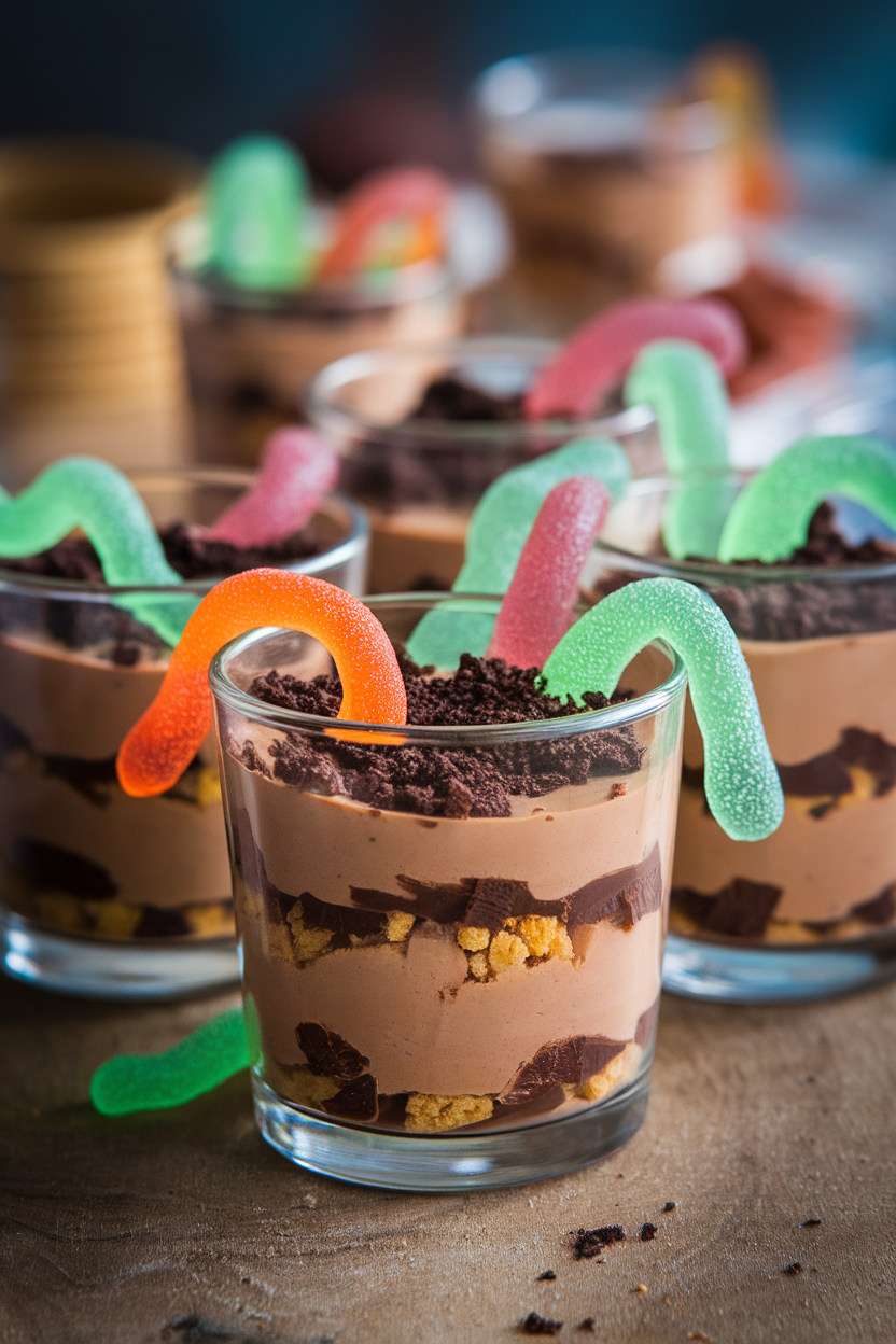 Clear glass cups layered with chocolate pudding, crushed cookies, and gummy worms crawling out, indoor tabletop, no text or logos.