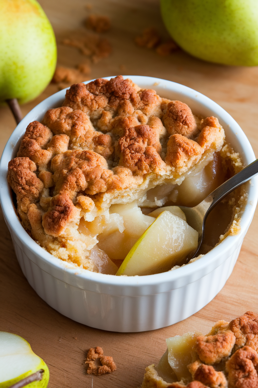 An indoor ramekin of pear cobbler with ginger biscuit topping, a spoon revealing juicy filling beneath. No text or logos. Photo.