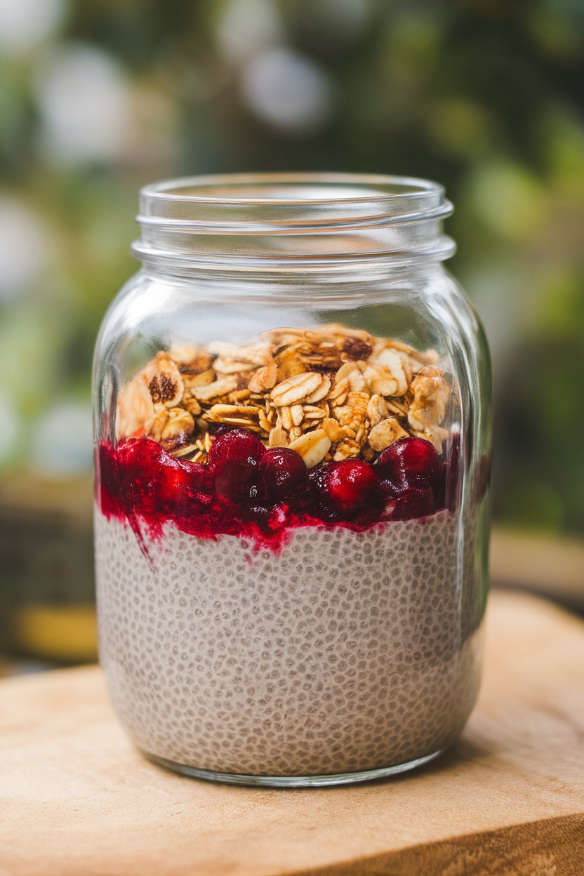A clear glass indoors layered with chia pudding, cranberry compote, and granola, side view showing layers. Photo, no text or logos.