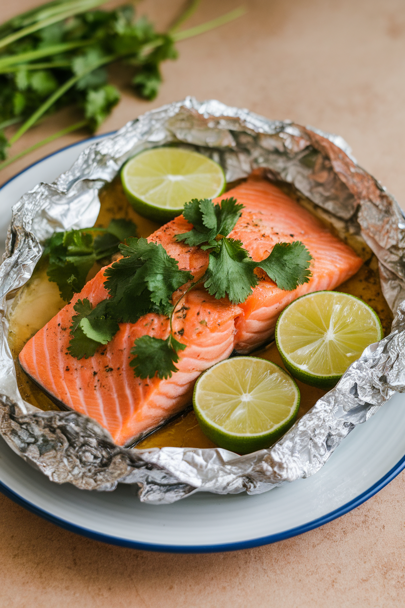 Unwrapped foil packet revealing cooked salmon fillet topped with fresh cilantro and lime slices on a dinner plate indoors, no text or logos.