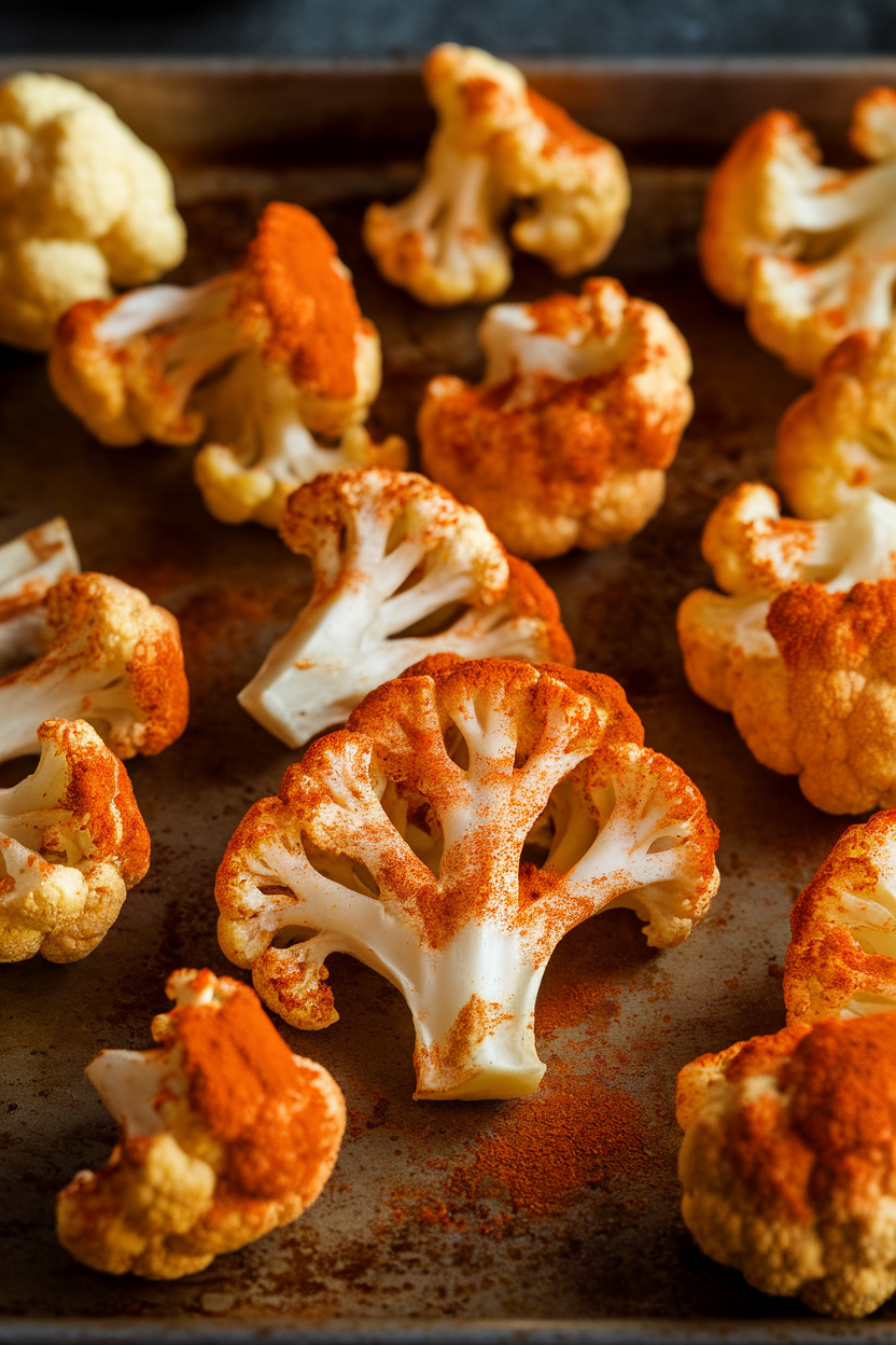 Indoor photo of cauliflower florets coated in paprika and roasted to deep brown on a baking sheet. No text or logos.