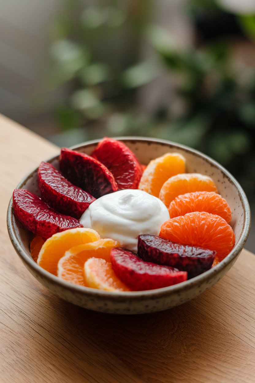 A shallow indoor bowl arranged with ruby grapefruit, blood orange, and clementine segments, dollops of honey vanilla yogurt in the center. No text or logos. Photo, not illustration.