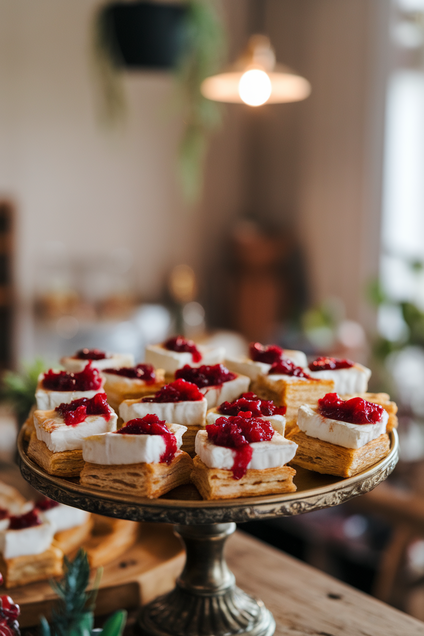 A serving platter indoors with bite-sized puff pastry squares holding melted brie and bright cranberry sauce. No text or logos. Photo, not illustration.