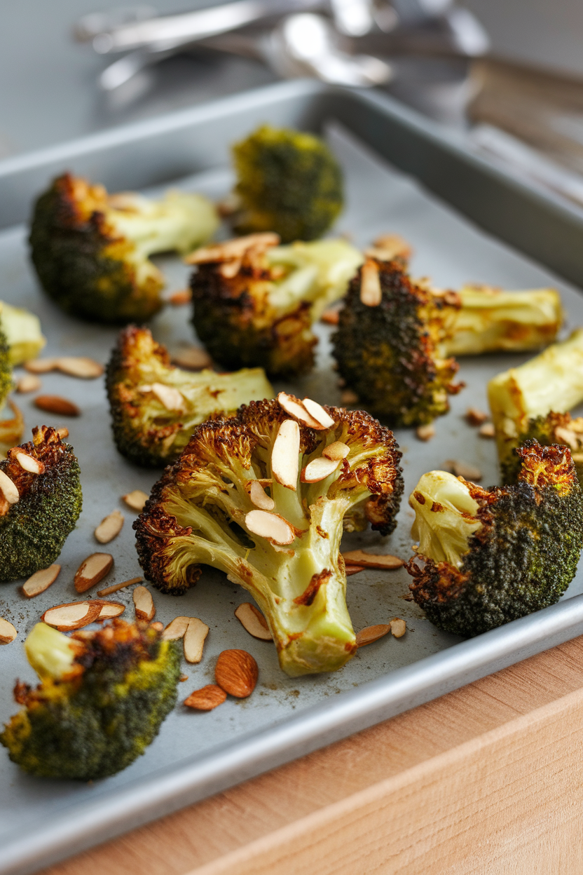 Indoor photo of roasted broccoli florets sprinkled with toasted almond slivers on a baking tray; overhead, no text or logos