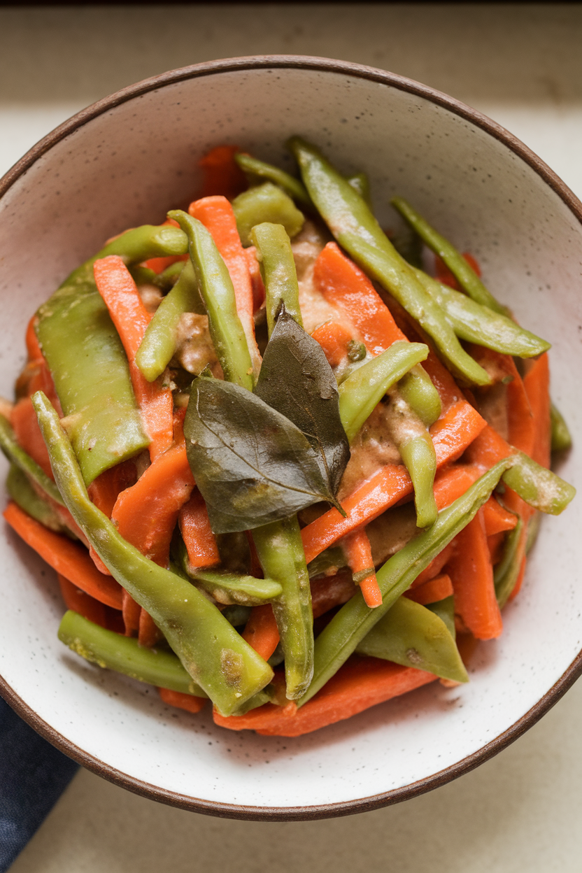 Photo prompt: An indoor bowl featuring mixed vegetables coated in a light coconut-yogurt sauce, curry leaves on top. No text or logos present.