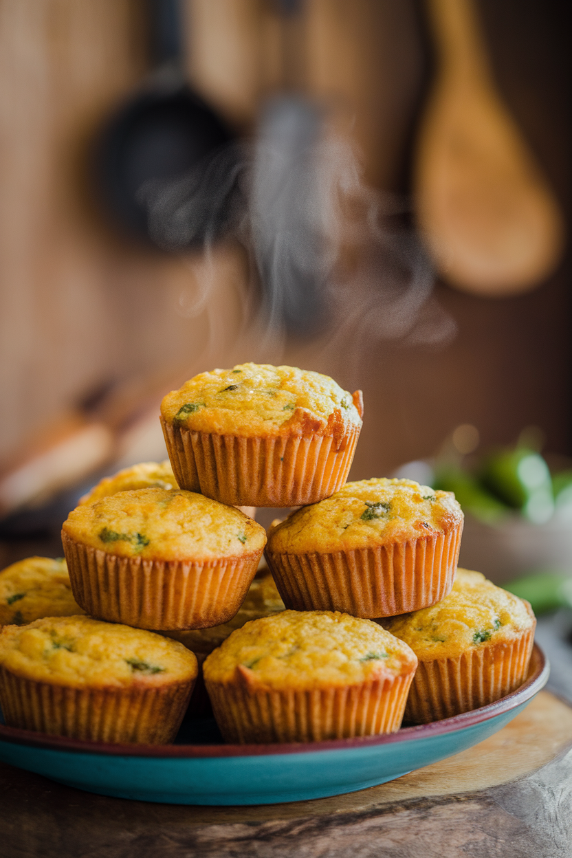 An indoor plate stacked with savory corn muffins flecked with green chile, steam gently rising. Photo, no text or logos.