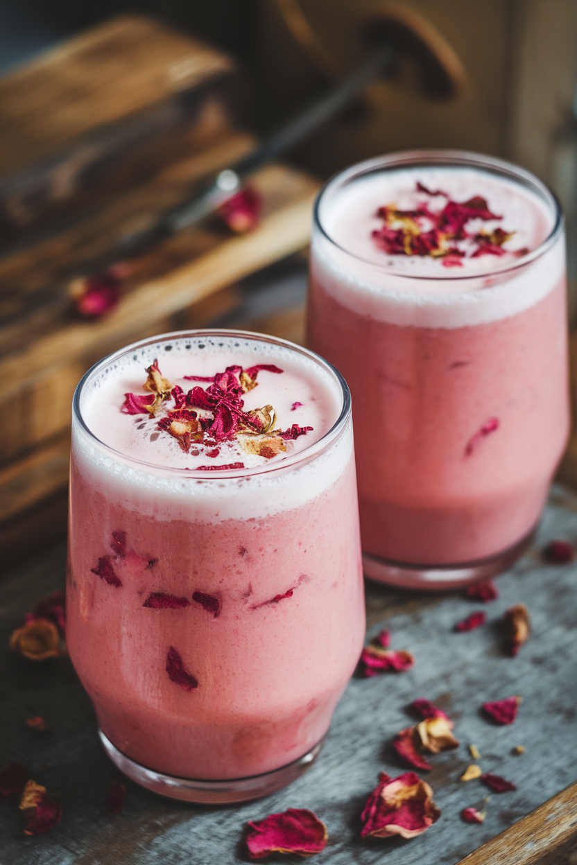 Photo prompt: Two indoor tumblers of pink strawberry lassi with tiny dried rose petals floating on foam. No text or logos.