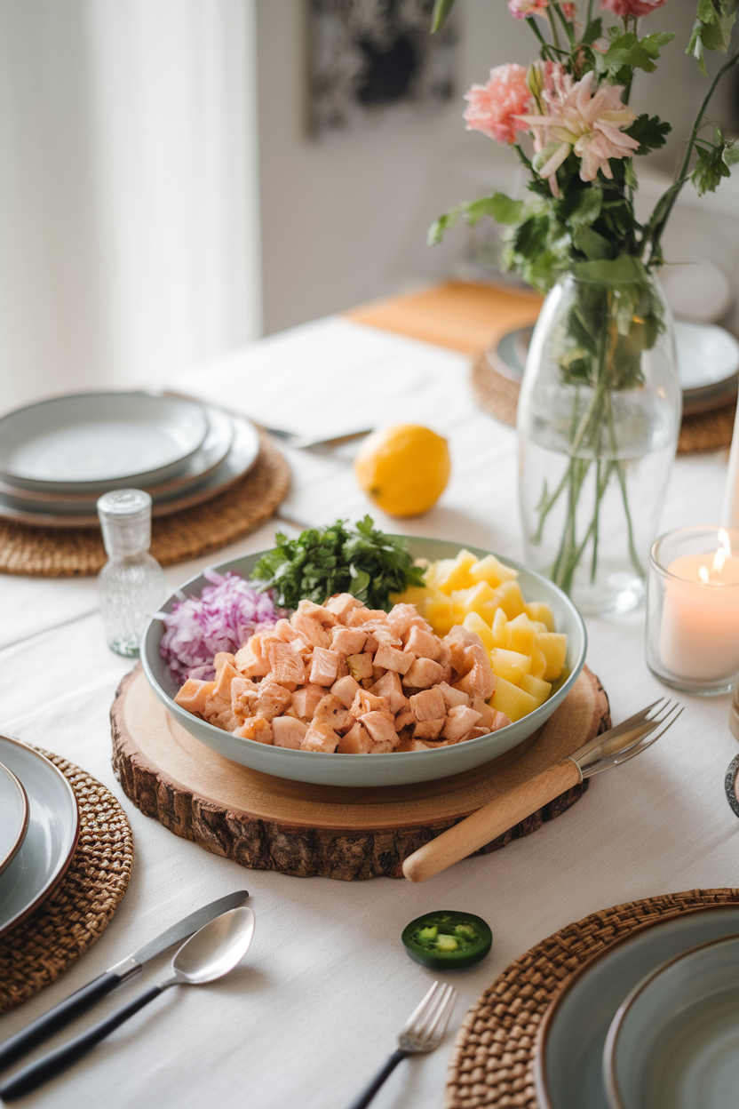 Indoor dining room table showing a bowl of diced cooked chicken, pineapple chunks, minced jalapeño, cilantro, and red onion — photo, no text or logos