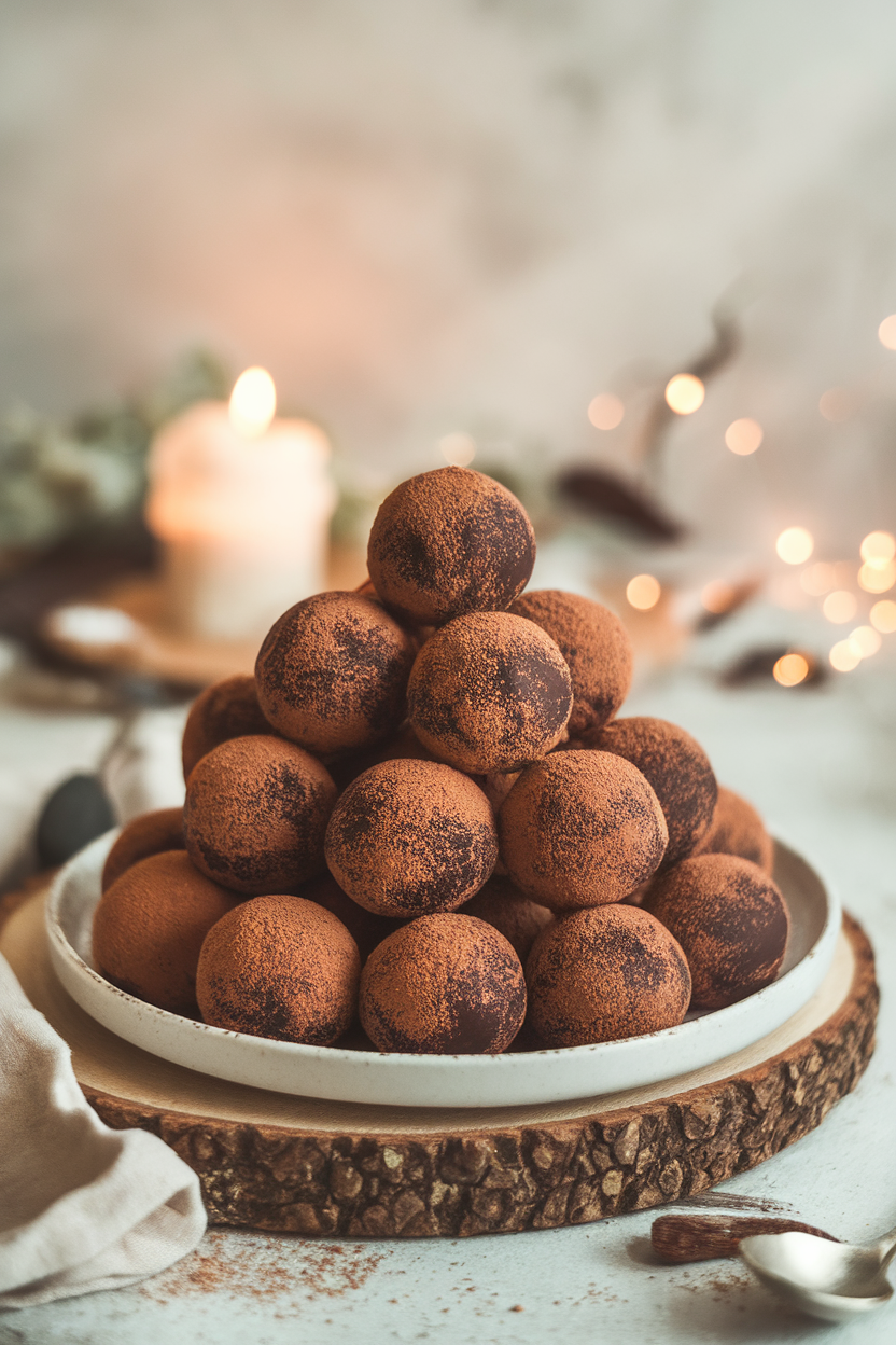 Indoor platter of cocoa-dusted rum balls piled pyramid-style, soft focus background. No text or logos. Photo only.