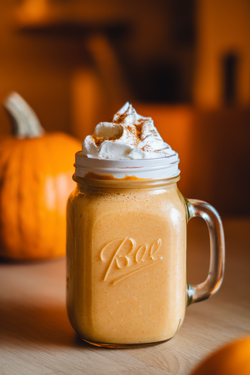 Warm indoor kitchen lighting highlighting a mason jar filled with thick orange pumpkin smoothie, topped with whipped cream and a sprinkle of cinnamon, small pumpkin in background. Photo, no text or logos.