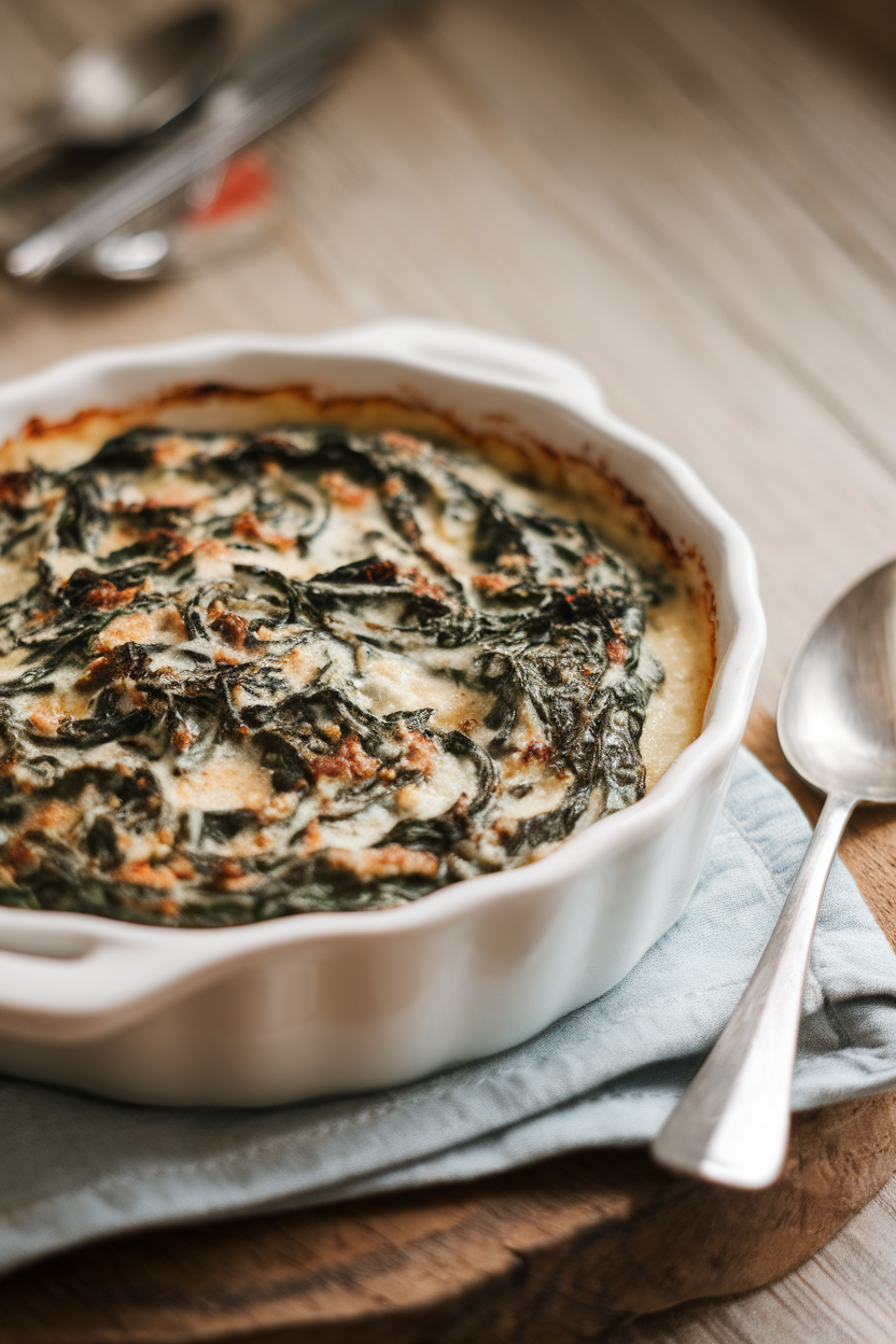 Indoor photo of creamy spinach in a shallow white gratin dish with a spoon, no text or logos