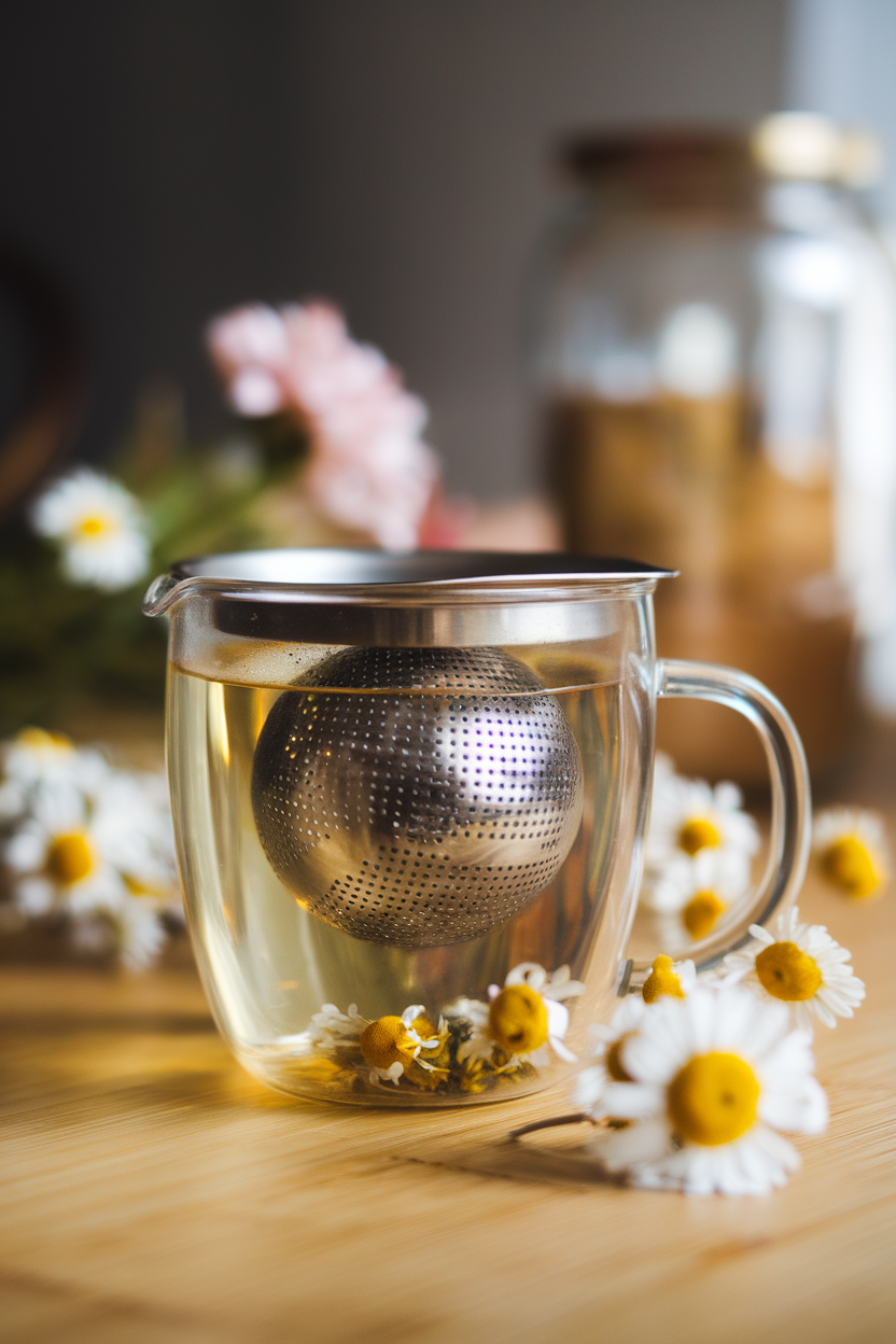 Indoor photo of a stainless tea infuser ball steeping chamomile in a clear mug, no logos.