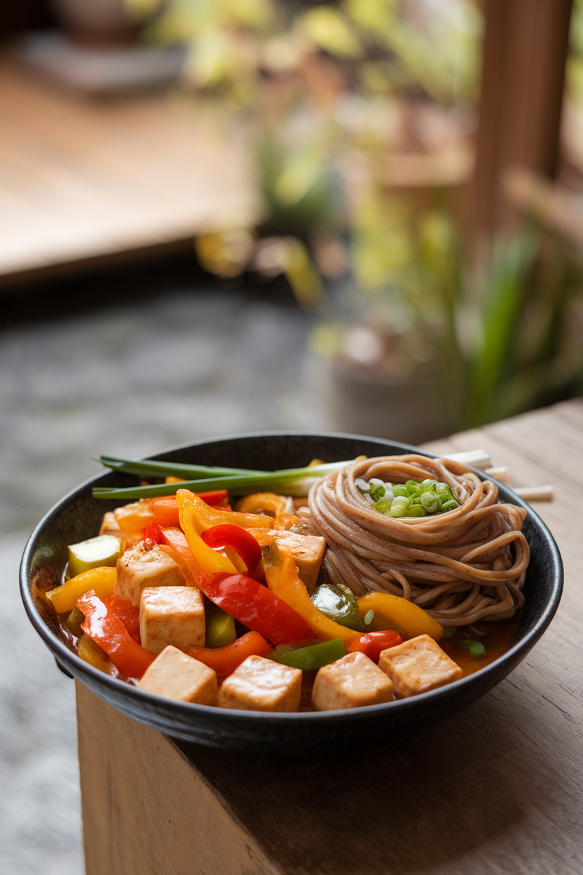 Indoor photo of cubed tofu and mixed bell peppers in a glossy stir-fry sauce next to a tidy nest of buckwheat soba noodles on a bowl. No text or logos.