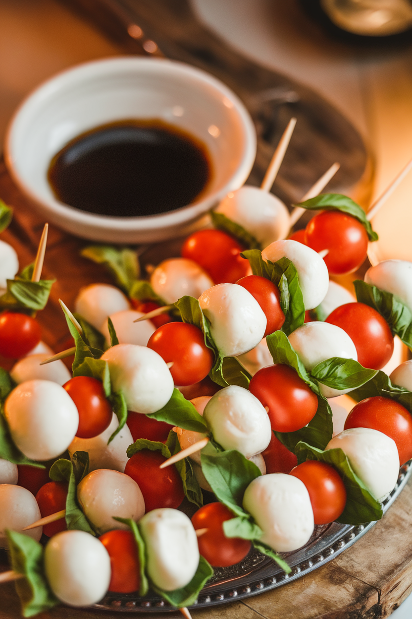 Photo of an indoor platter of toothpick skewers alternating mozzarella balls, grape tomatoes, and basil leaves drizzled with balsamic glaze. No text or logos visible.