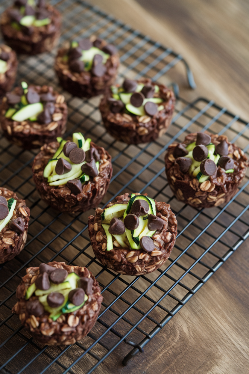 An indoor cooling rack with chocolate oatmeal cups dotted with zucchini shreds and dark chocolate chips. Photo, no text or logos.