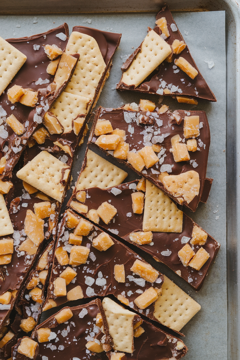 Indoor baking sheet of chocolate toffee saltine bark broken into pieces, salt crystals visible; no logos. Photo, not illustration.
