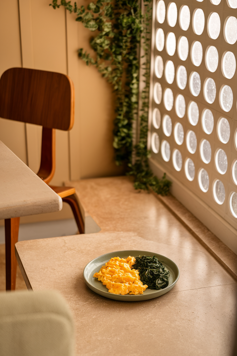 An indoor breakfast nook with a small plate of scrambled eggs and sautéed spinach beside a sunrise-lit window, no logos.