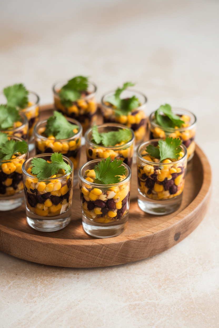 Indoor photo of small shot glasses layered with black bean and corn salsa, topped with a cilantro leaf, arranged on a wooden tray. No text or logos.
