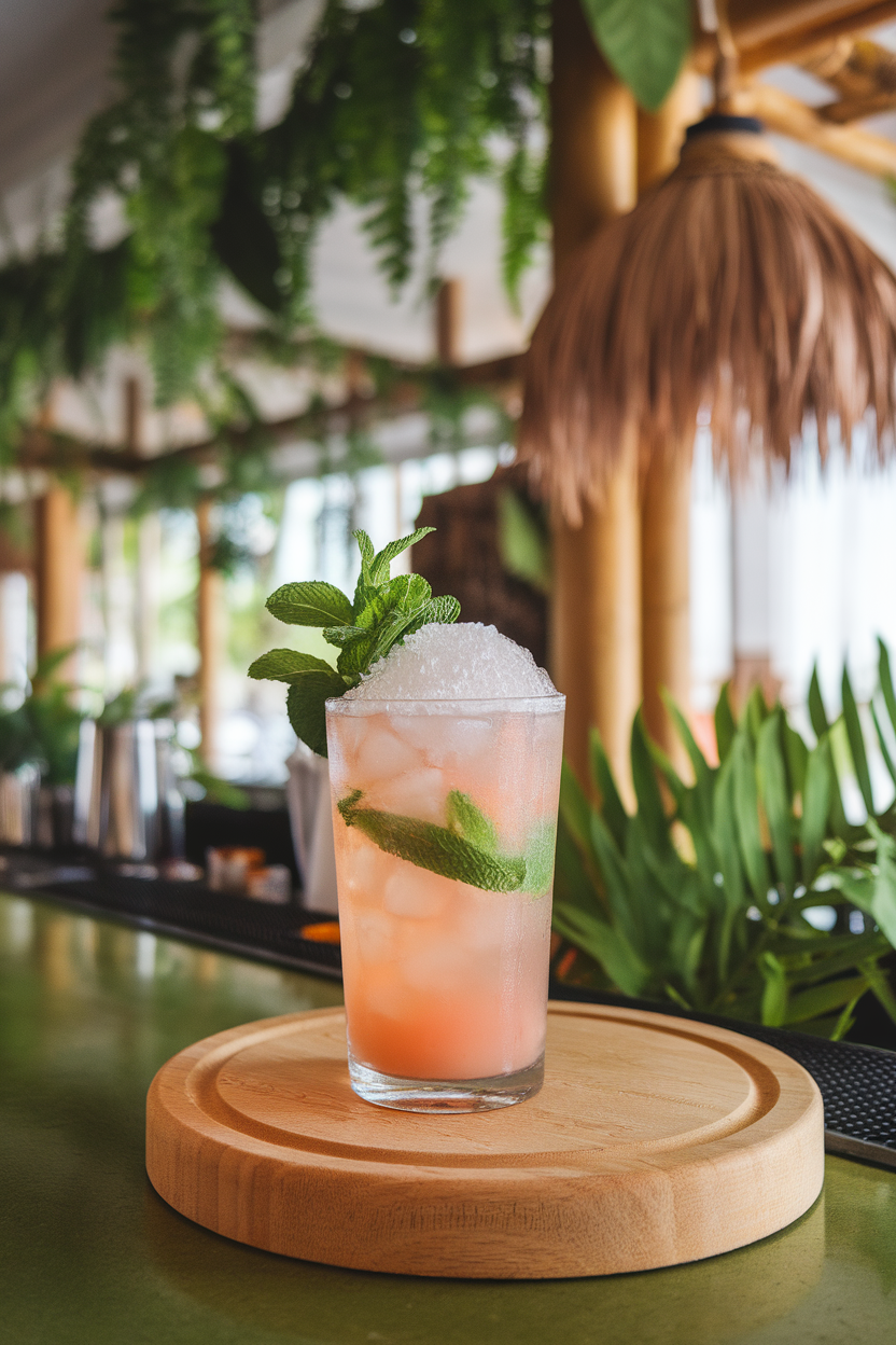 Indoor photo of a highball with pastel pink guava mocktail, mint bouquet garnish, crushed ice dome; tropical bar vibe; no text or logos.