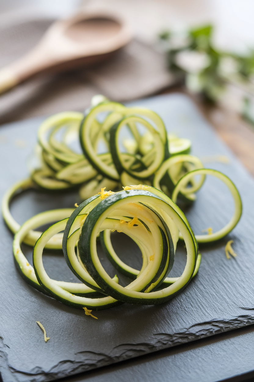 Indoor shot of thin zucchini ribbons curled into loose rosettes on a slate board, lemon zest flecks visible, no text or logos.