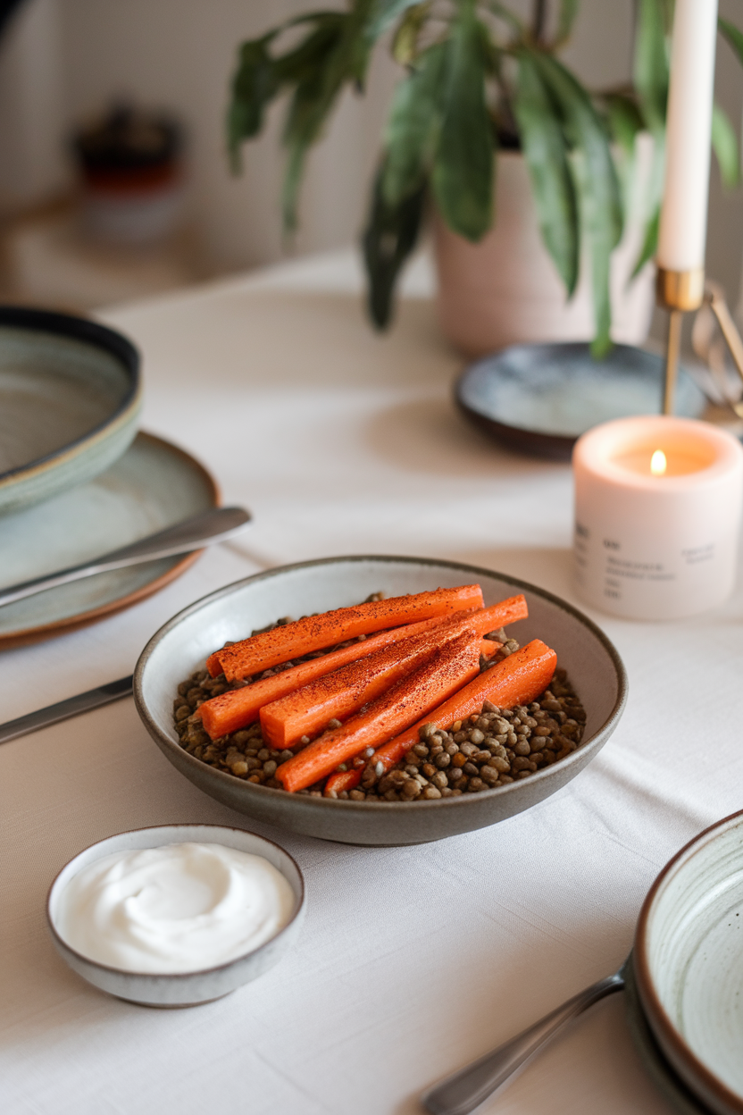 Indoor dining table displaying a bowl of roasted carrot sticks seasoned with smoked paprika over green lentils and a dollop of plain yogurt. No text or logos. Photo only.