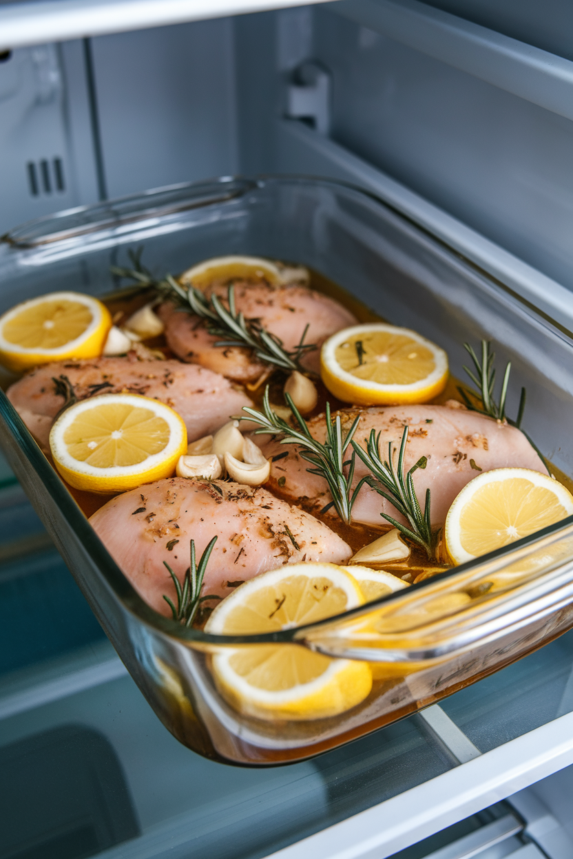 A glass dish of chicken breasts marinating in lemon slices, garlic, and rosemary in a refrigerator; no text or logos; photo
