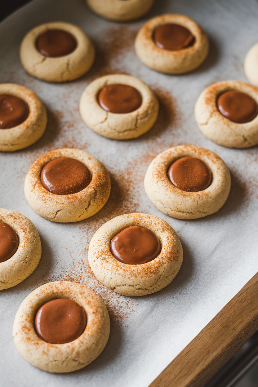 Indoor kitchen counter with thumbprint cookies filled with caramel, dusted lightly with chai spice, cooling on parchment. No logos or text.