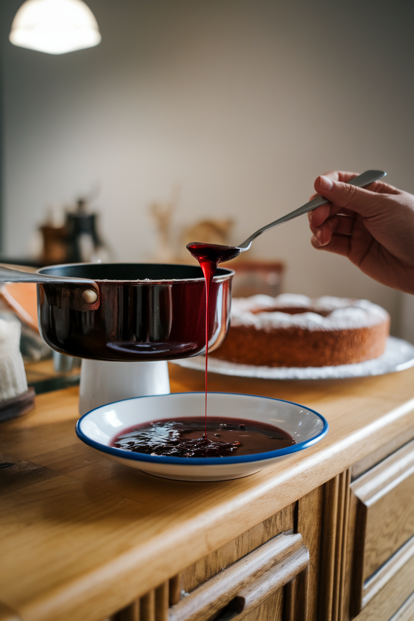 Indoor counter with a saucepan of deep-red mulled wine jelly and a spoon poised above a cake, no text or logos
