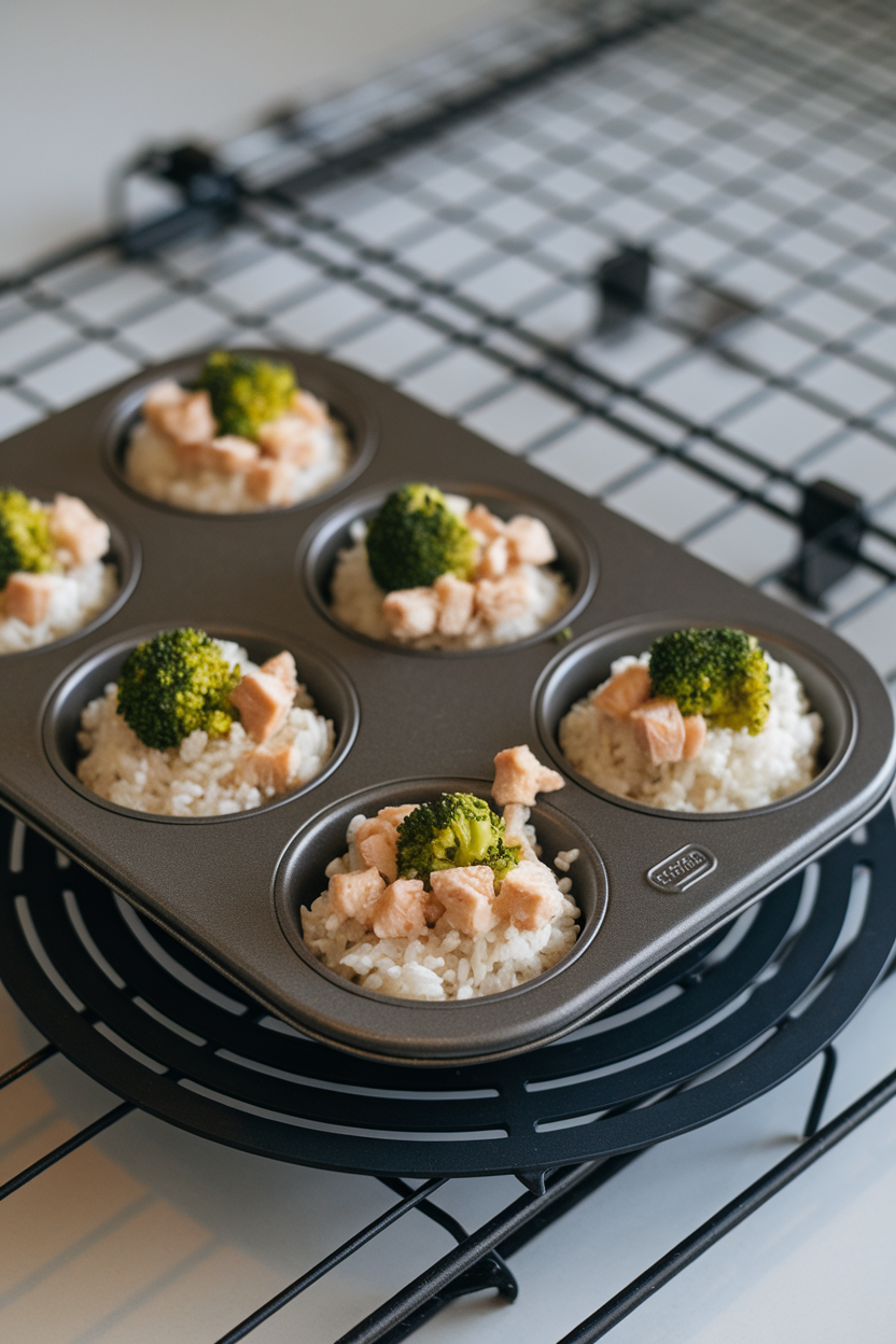 Indoor shot of a muffin tin containing baked rice cups topped with small broccoli florets and diced chicken, set on a kitchen trivet. No text or logos.