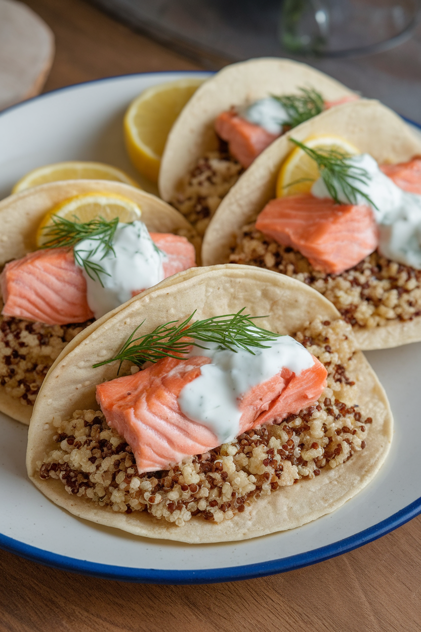 Indoor plate of tortillas filled with flaky cooked salmon and quinoa, topped with lemon-dill yogurt sauce, no text or logos.