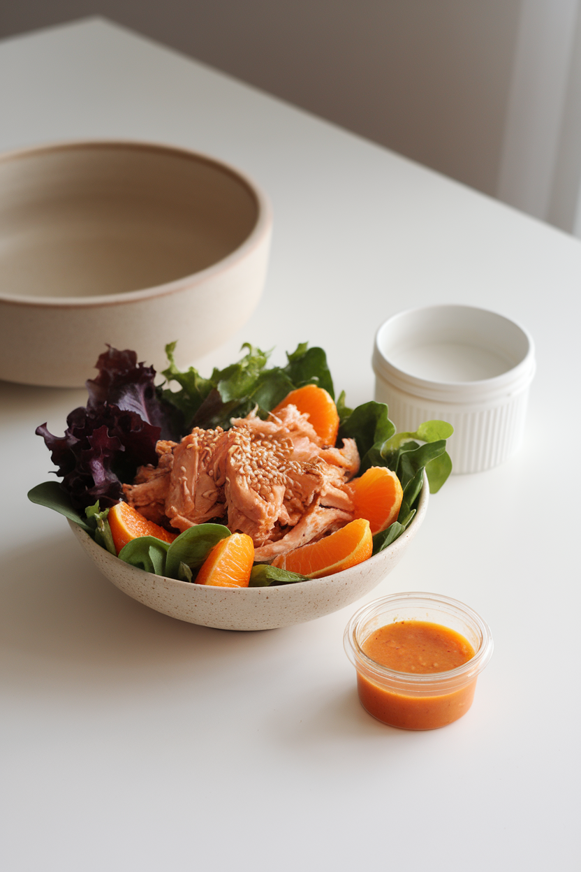 Indoor tabletop holding a bowl of mixed greens, mandarin orange segments, shredded chicken, and sesame seeds with an orange-ginger dressing nearby — no logos