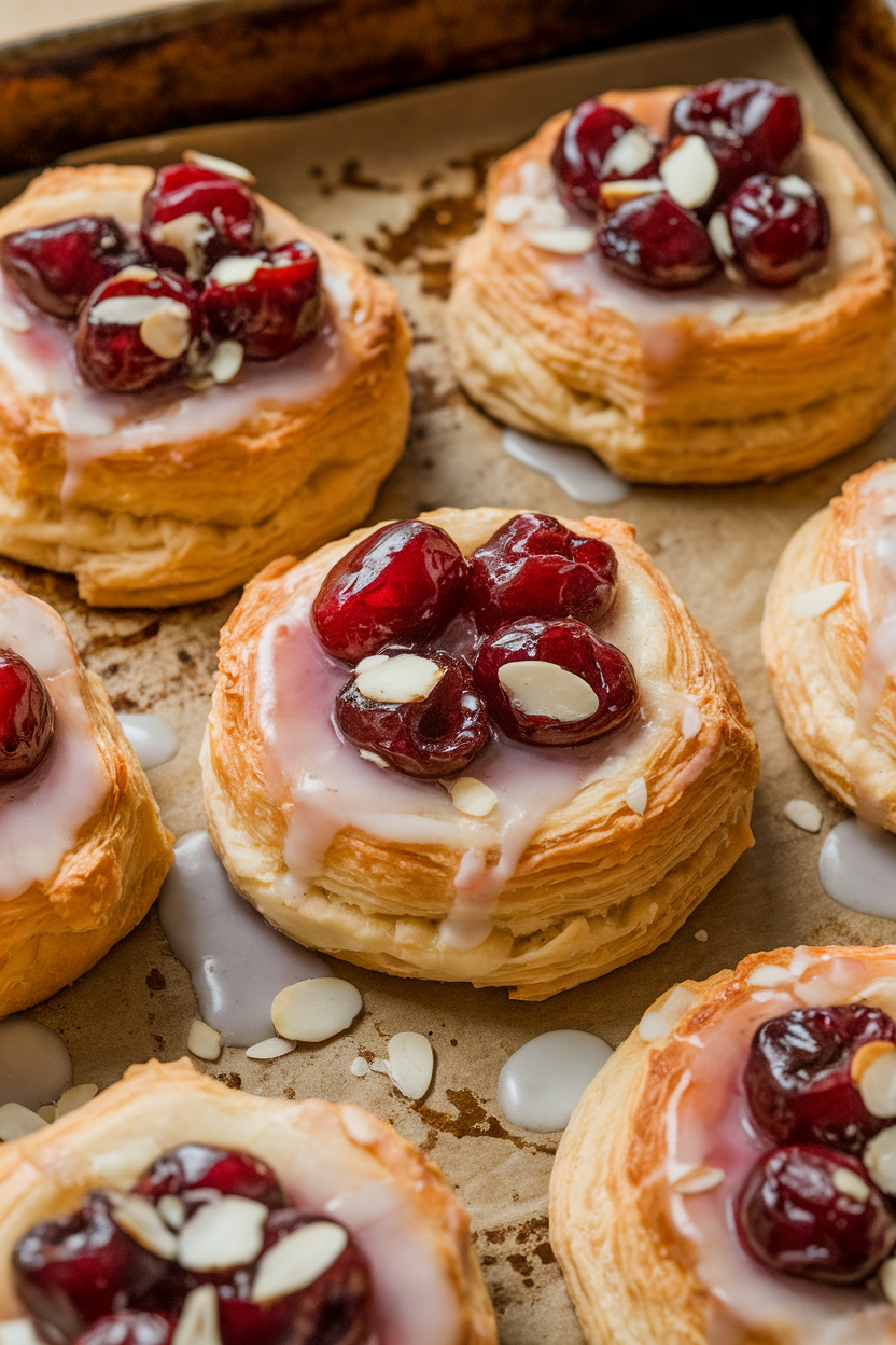 A photo of flaky puff pastry danishes on an indoor baking sheet, topped with cherry filling and slivered almonds, glazed lightly, no text or logos.