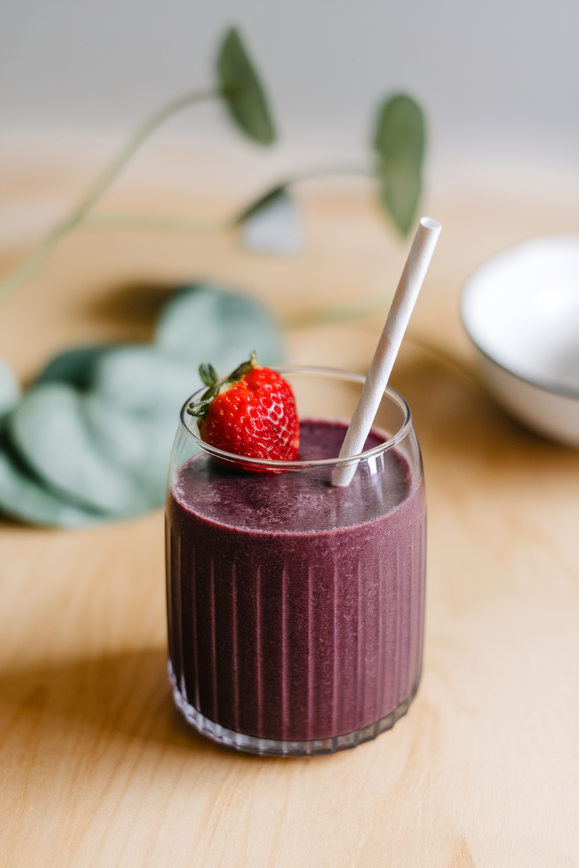 A clear indoor glass filled with a deep purple smoothie, topped with a single strawberry and paper straw. No text or logos. Photo only.