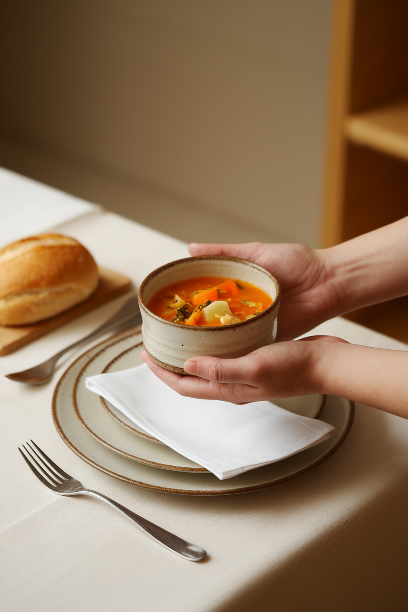 Photo of a person’s hands holding a small ceramic bowl of vegetable soup at a neatly set indoor table, soft focus on the bowl. No text or logos.